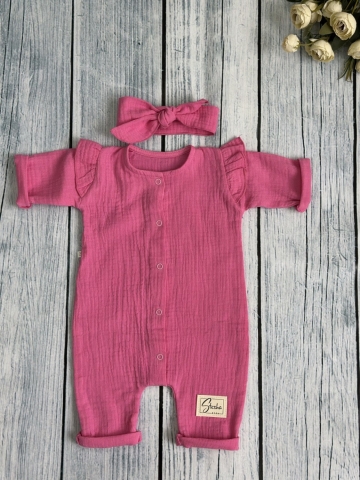 336-Ф. Комбинезон с повязкой для девочки из муслина, хлопок 100%, размеры 56,62,68, фуксия